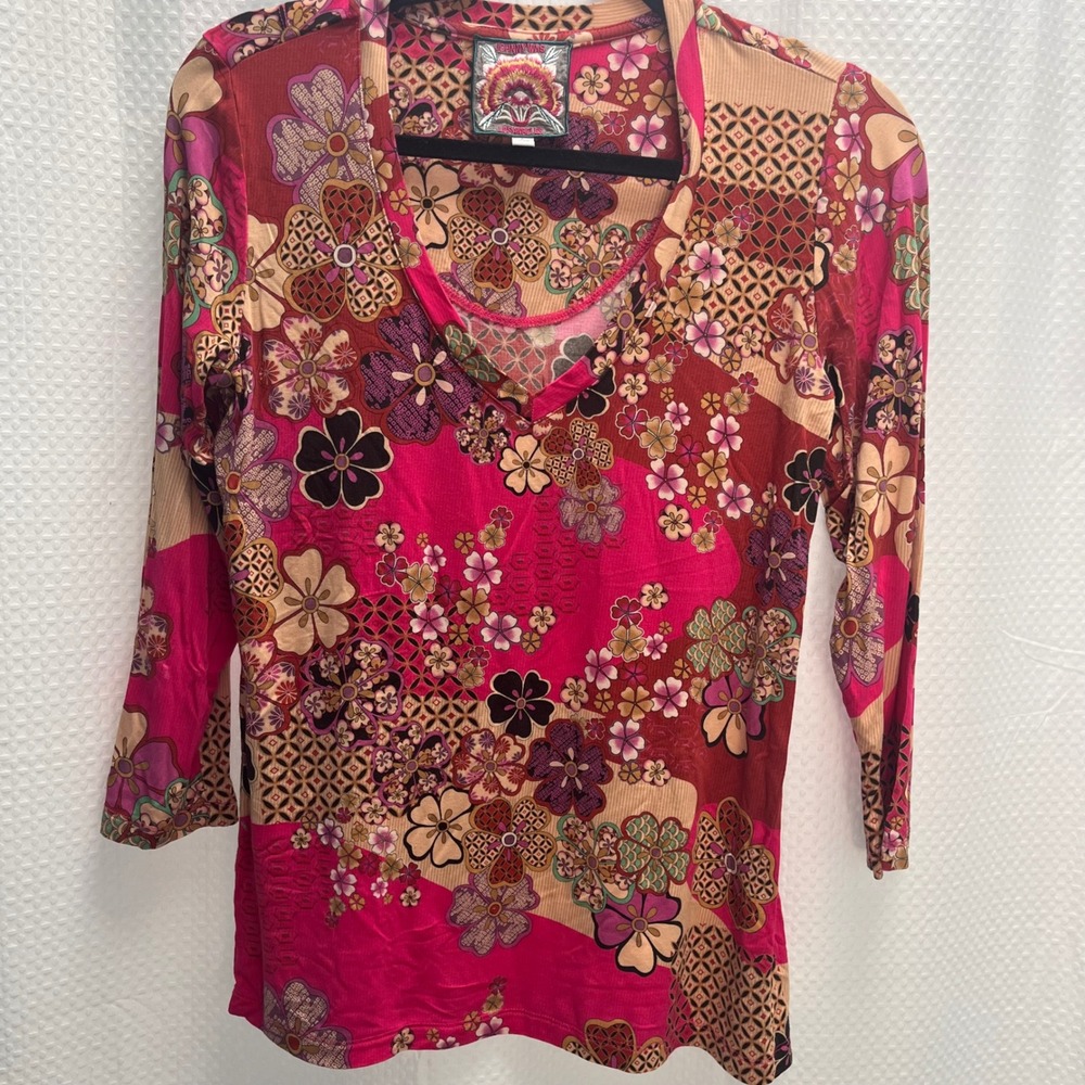 Johnny Was Los Angeles Women Floral Patchwork V-Neck Ribbed Top Pink Multi Small